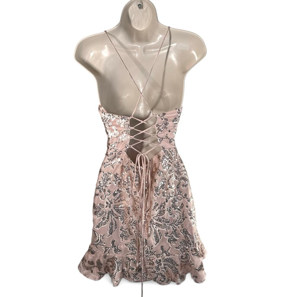 Selfie Leslie Rose Gold Sequin Mini Dress Lace Up Back Pink Ruffle Hem Medium - Picture 3 of 7